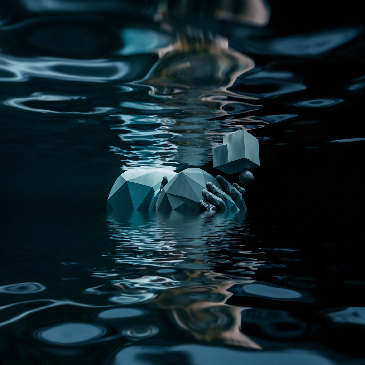 A low-poly figure lies submerged in dark water with one hand reaching up above the surface, palm balancing a floating cube and small sphere, surrounded by rippling reflections in shades of teal and black.