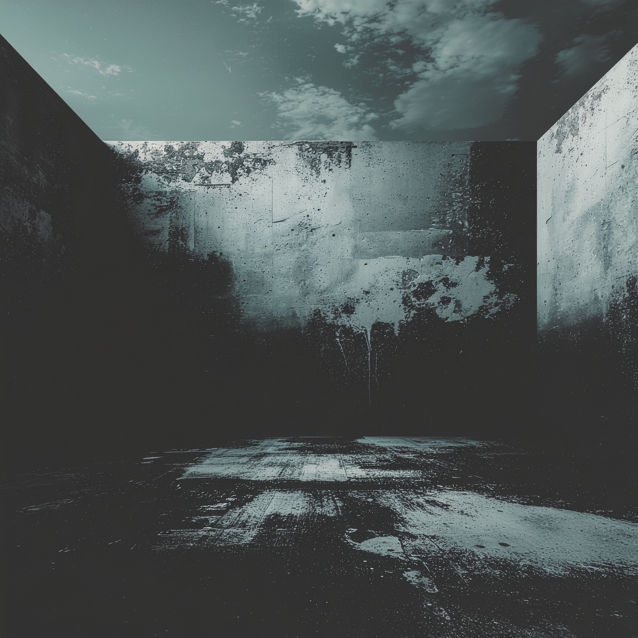 An empty concrete enclosure with towering weathered walls open to a pale clouded sky, its dark floor streaked with faint light, rendered in cold desaturated tones of gray and teal.